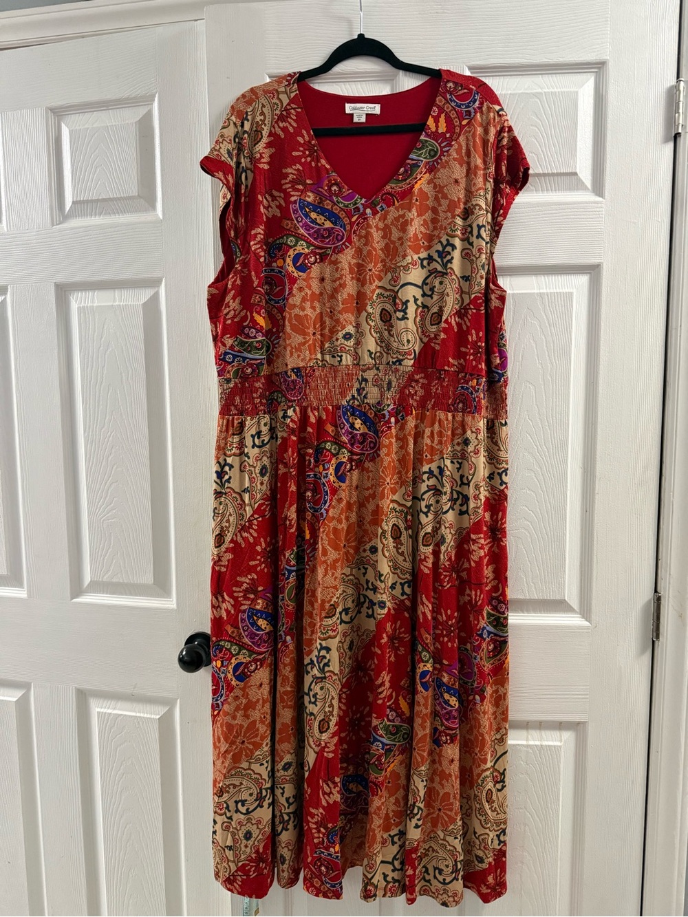 NWOT Coldwater Creek Maxi Dress Size 2X Red Floral V Neck Smocked Waist Stretch